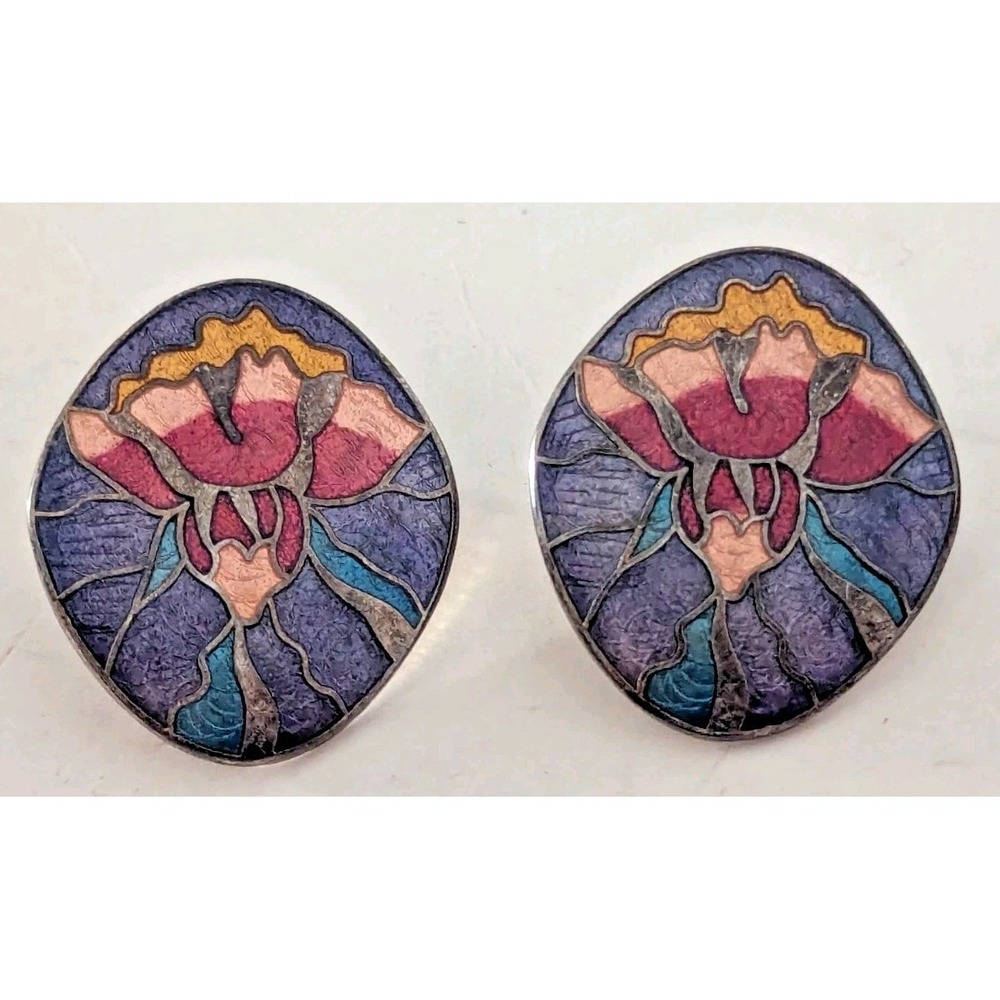 CLOISONNE FLORAL PINK FLOWER OVAL POST EARRINGS MULTICOLOR ENAMEL VINTAGE HTF